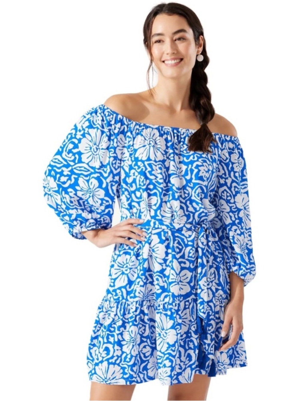 NWT Tommy Bahama Hibiscus Off The Shoulder Dress in Beaming Blue S